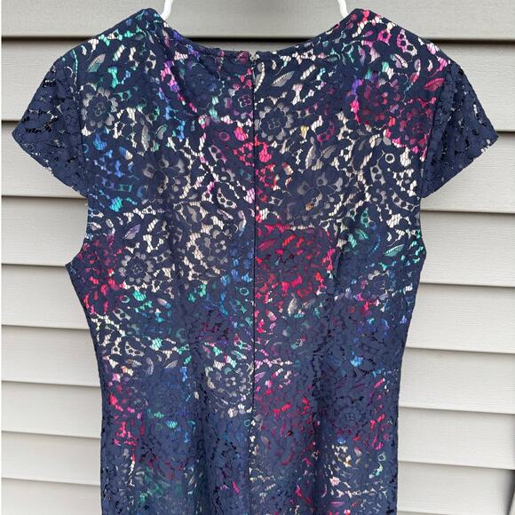 Betsey Johnson size 14 Navy Lace Overlay Floral Sheath Dress - Picture 7 of 13